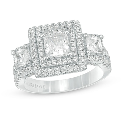 Vera Wang Love Collection 2.45 CT. T.W. Princess-Cut Diamond Three Stone Frame Engagement Ring in 14K White Gold