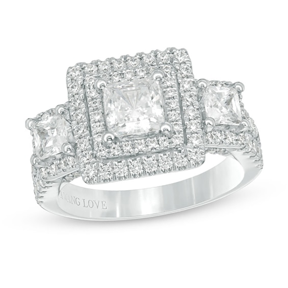 Vera Wang Love Collection 2.45 CT. T.W. Princess-Cut Diamond Three Stone Frame Engagement Ring in 14K White Gold