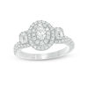 Thumbnail Image 0 of Vera Wang Love Collection 1.23 CT. T.W. Oval Diamond Three Stone Frame Engagement Ring in 14K White Gold