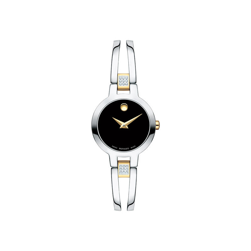 Main Image 1 of Ladies' Movado Amorosa® 0.07 CT. T.W. Diamond Two-Tone Bangle Watch with Black Dial (Model: 0607185)