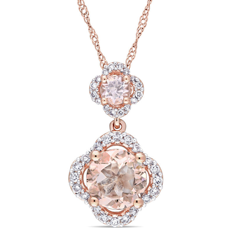 Morganite and 0.20 CT. T.W. Diamond Clover Frame Double Drop Pendant in 14K Rose Gold - 17"