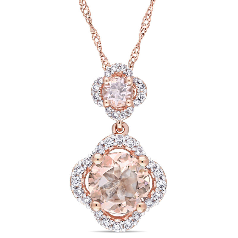 Morganite and 0.20 CT. T.W. Diamond Clover Frame Double Drop Pendant in 14K Rose Gold - 17"|Peoples Jewellers