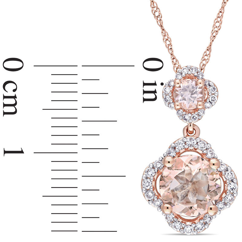 Main Image 2 of Morganite and 0.20 CT. T.W. Diamond Clover Frame Double Drop Pendant in 14K Rose Gold - 17"