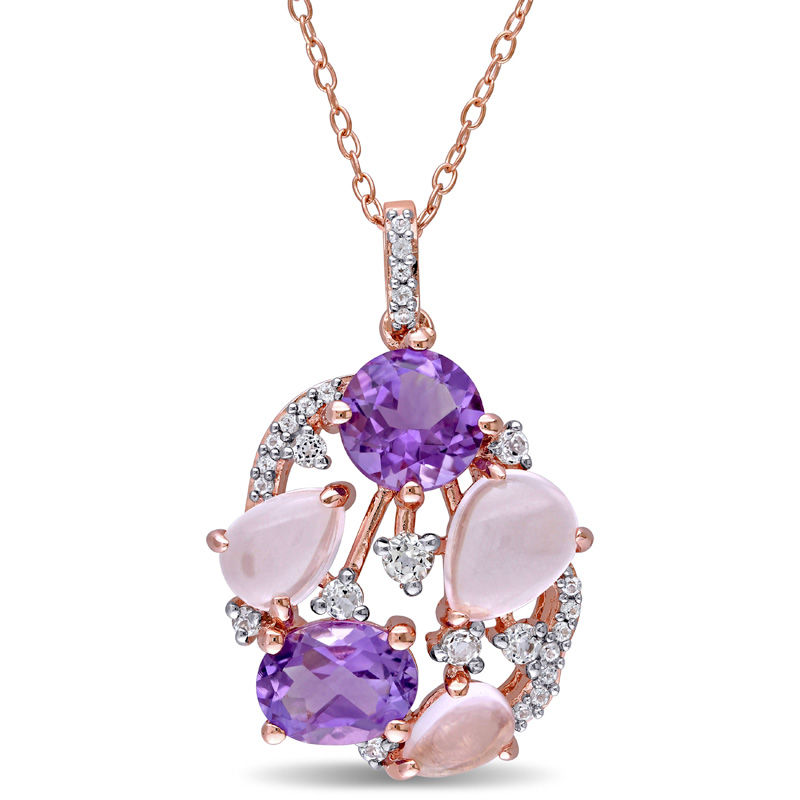 Multi-Shaped Amethyst, Rose Quartz and White Topaz Cluster Pendant in Sterling Silver with Rose Rhodium Plate