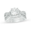 Thumbnail Image 0 of 7.0mm Lab-Created White Sapphire and 0.145 CT. T.W. Diamond Twist Bridal Set in 10K White Gold