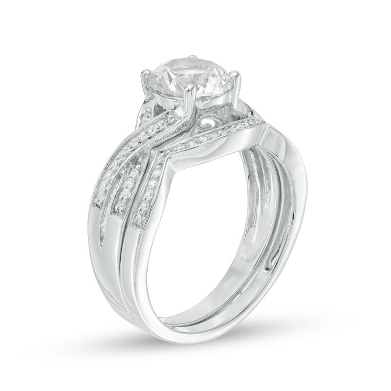 7.0mm Lab-Created White Sapphire and 0.145 CT. T.W. Diamond Twist Bridal Set in 10K White Gold