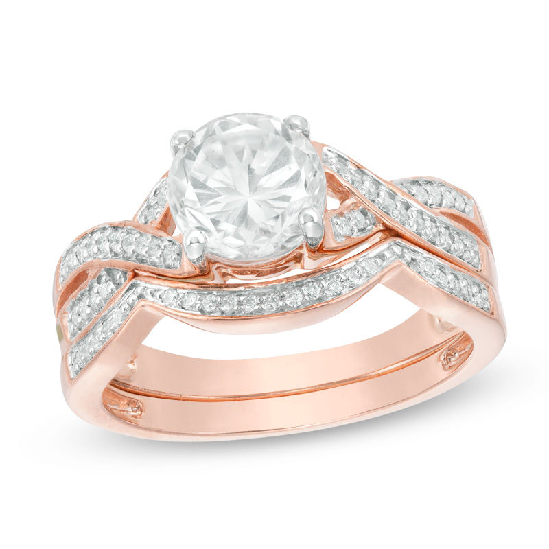 7.0mm Lab-Created White Sapphire and 0.145 CT. T.W. Diamond Twist Bridal Set in 10K Rose Gold