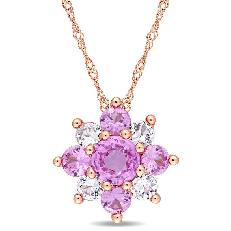 Pink and White Sapphire Flower Pendant in 14K Rose Gold - 17"