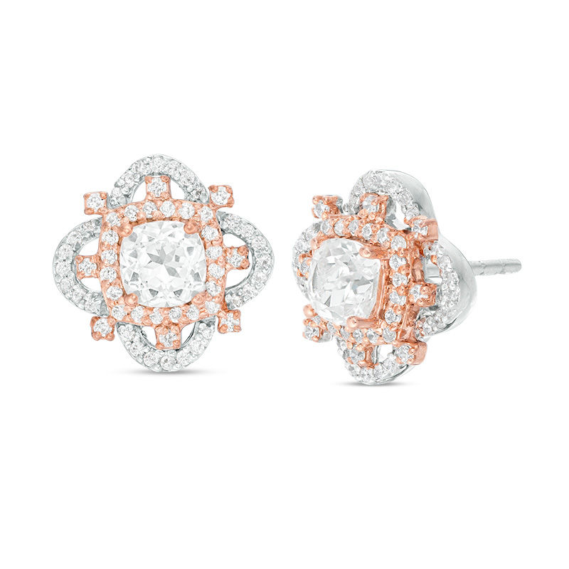 Cushion-Cut Lab-Created White Sapphire and 0.23 CT. T.W. Diamond Clover Frame Stud Earrings in 10K Two-Tone Gold