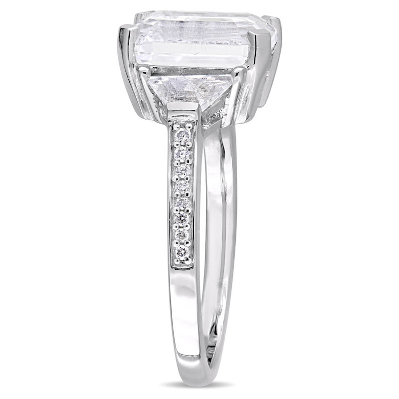 Main Image 2 of Emerald-Cut White Topaz and 0.07 CT. T.W. Diamond Three Stone Ring in Sterling Silver