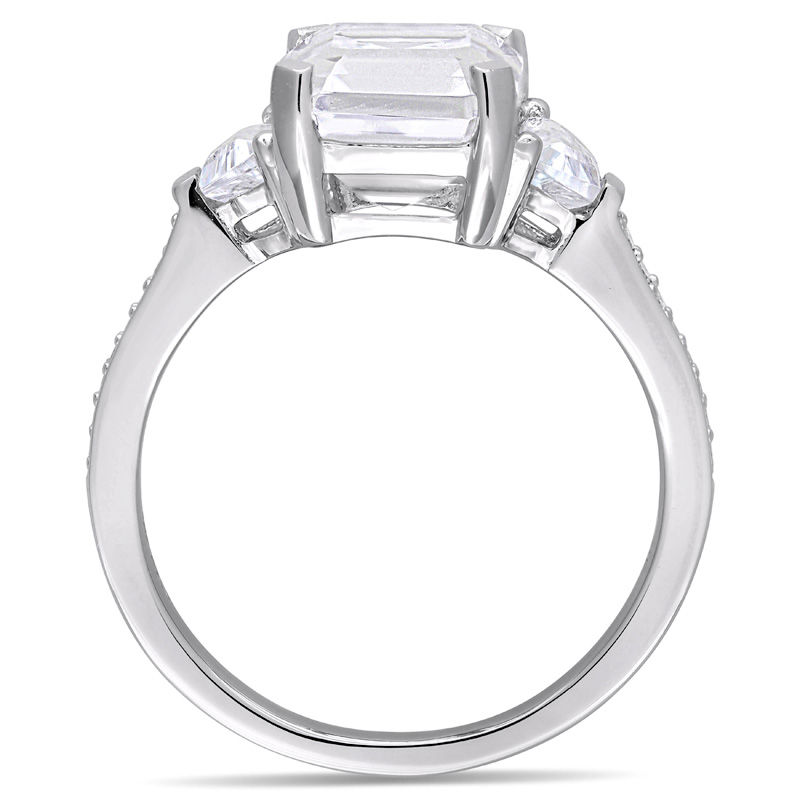 Main Image 3 of Emerald-Cut White Topaz and 0.07 CT. T.W. Diamond Three Stone Ring in Sterling Silver