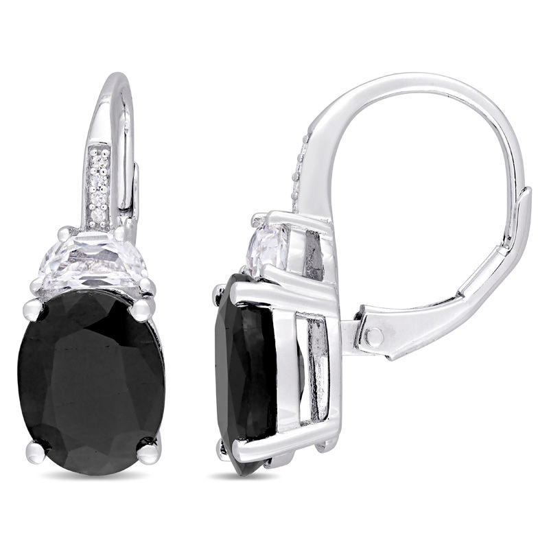 Oval Black Sapphire, Half-Moon Lab-Created White Sapphire and Diamond Accent Drop Earrings in Sterling Silver