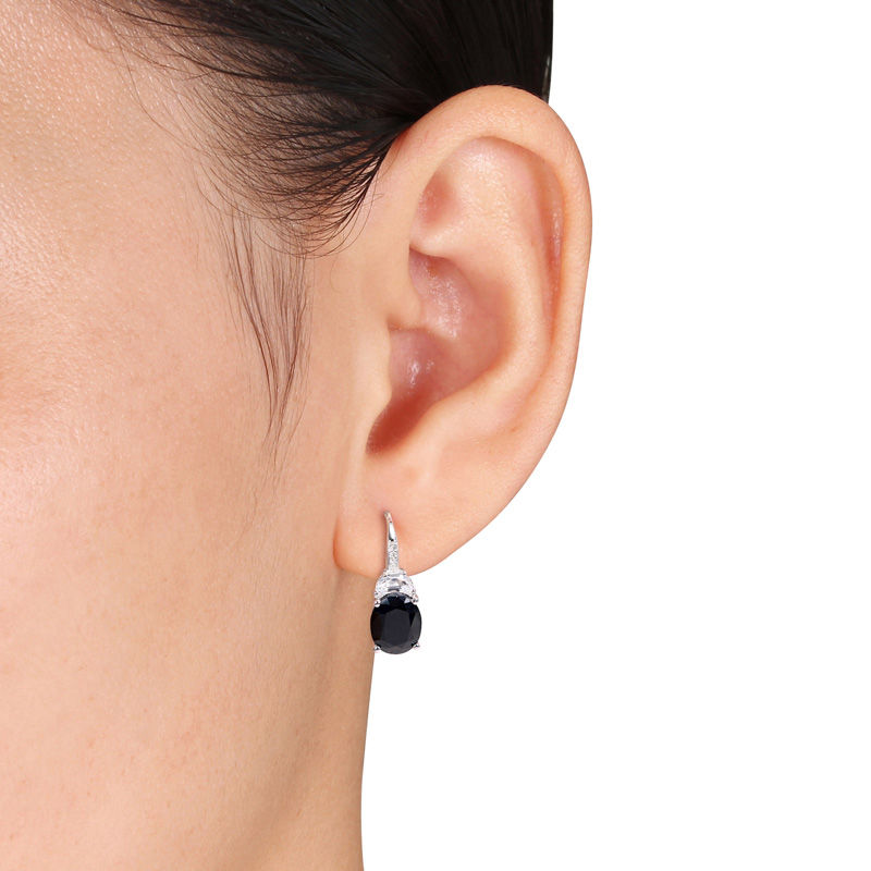 Oval Black Sapphire, Half-Moon Lab-Created White Sapphire and Diamond Accent Drop Earrings in Sterling Silver
