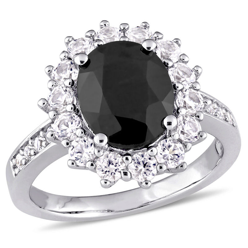 Oval Black Sapphire and Lab-Created White Sapphire Frame Ring in Sterling Silver|Peoples Jewellers