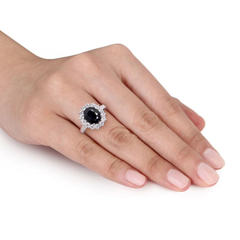 Peoples Oval Black Sapphire and Lab Created White Sapphire Frame Ring in Sterling Silver St. Vital Centre