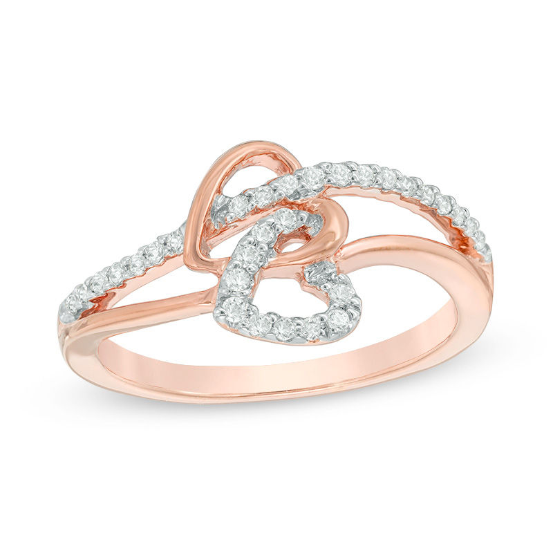 0.18 CT. T.W. Diamond Interlocking Double Heart Ring in 10K Rose Gold