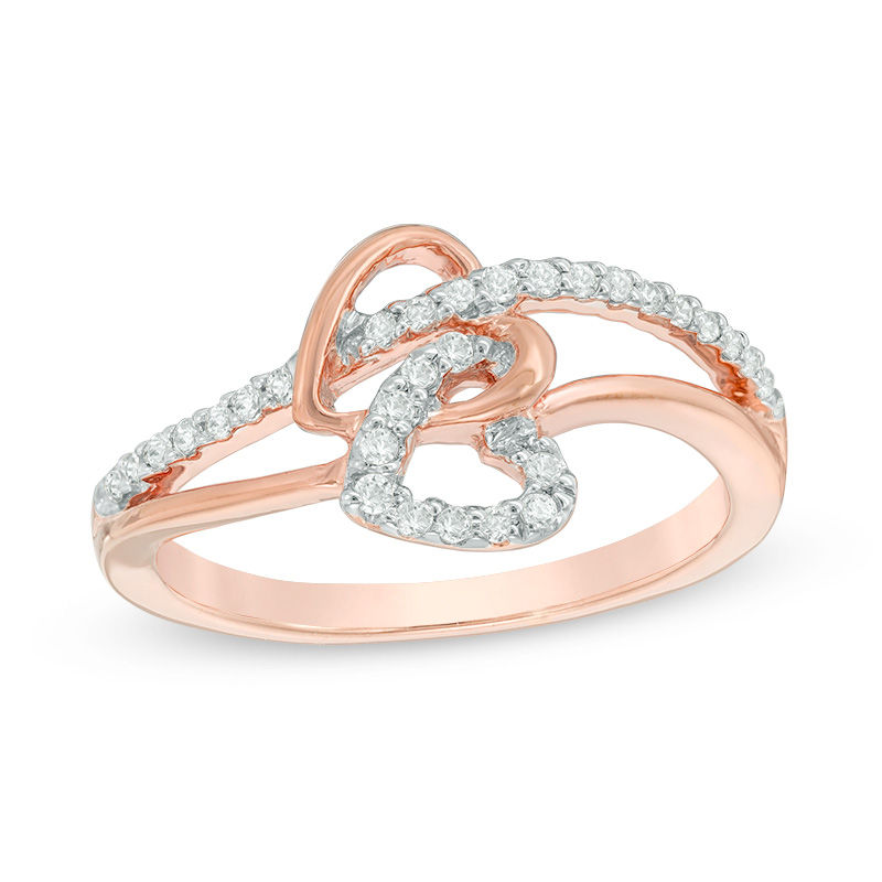 0.18 CT. T.W. Diamond Interlocking Double Heart Ring in 10K Rose Gold|Peoples Jewellers