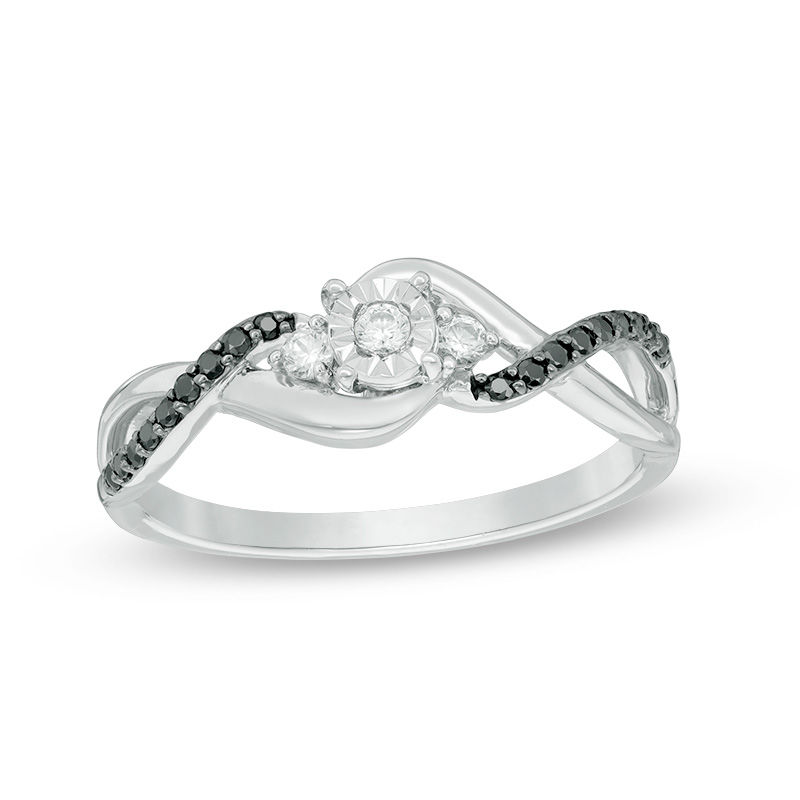 Main Image 1 of 0.145 CT. T.W. Enhanced Black and White Diamond Twist Promise Ring in 10K White Gold