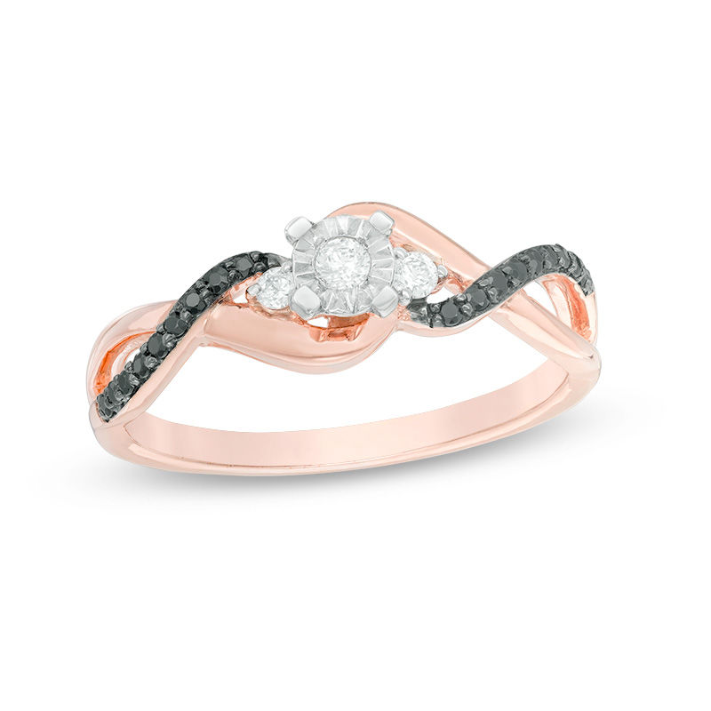 0.145 CT. T.W. Enhanced Black and White Diamond Twist Promise Ring in 10K Rose Gold
