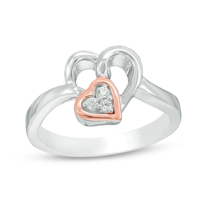Diamond Accent Double Heart Ring in Sterling Silver and 10K Rose Gold