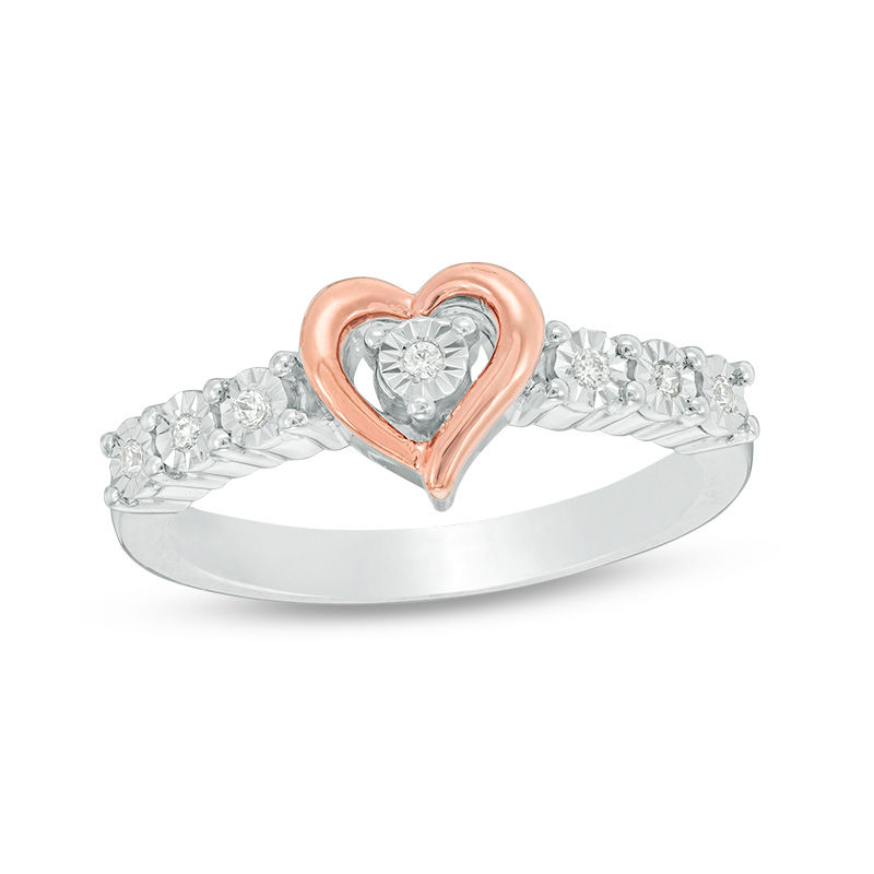 0.04 CT. T.W. Diamond Heart Frame Promise Ring in Sterling Silver and 10K Rose Gold
