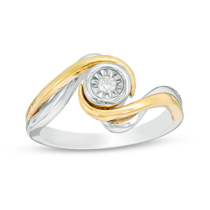 0.04 CT. Diamond Solitaire Swirl Bypass Promise Ring in Sterling Silver and 10K Gold