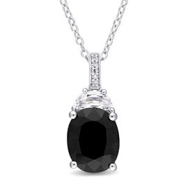 Oval Black Sapphire, Half-Moon Lab-Created White Sapphire and Diamond Accent Pendant in Sterling Silver