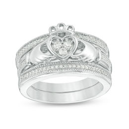 0.23 CT. T.W. Diamond Claddagh Vintage-Style Three Piece Bridal Set in Sterling Silver