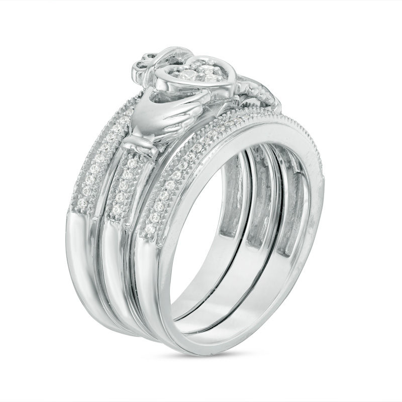 Main Image 2 of 0.23 CT. T.W. Diamond Claddagh Vintage-Style Three Piece Bridal Set in Sterling Silver
