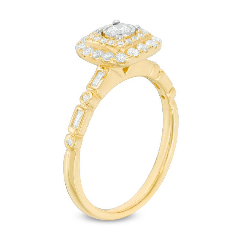 Main Image 2 of 0.45 CT. T.W. Diamond Double Cushion Frame Art Deco Shank Engagement Ring in 14K Gold