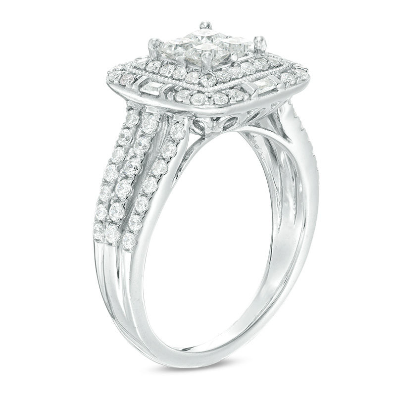 Main Image 2 of 1.25 CT. T.W. Quad Princess-Cut Diamond Double Frame Vintage-Style Engagement Ring in 14K White Gold