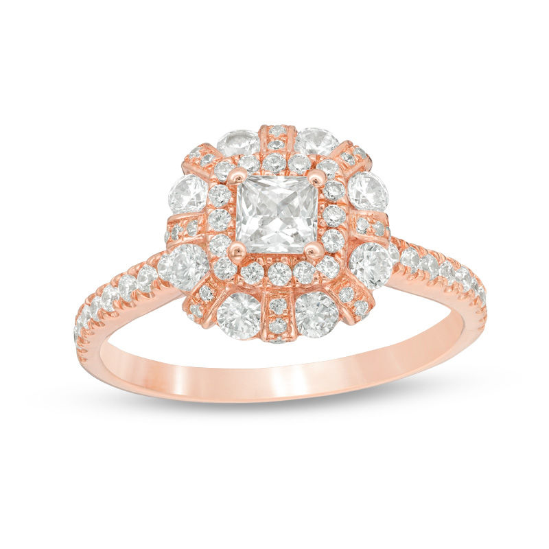1.20 CT. T.W. Princess-Cut Diamond Flower Frame Engagement Ring in 14K Rose Gold