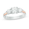 Thumbnail Image 1 of Lab-Created White Sapphire Three Stone Ring in Sterling Silver and 10K Rose Gold