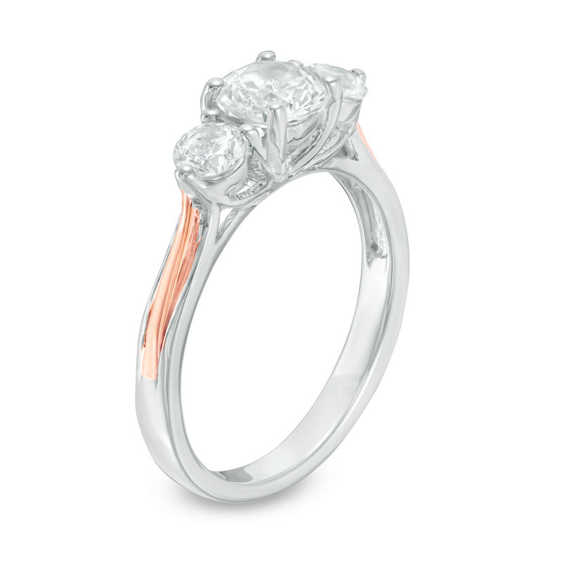 Main Image 2 of Lab-Created White Sapphire Three Stone Ring in Sterling Silver and 10K Rose Gold