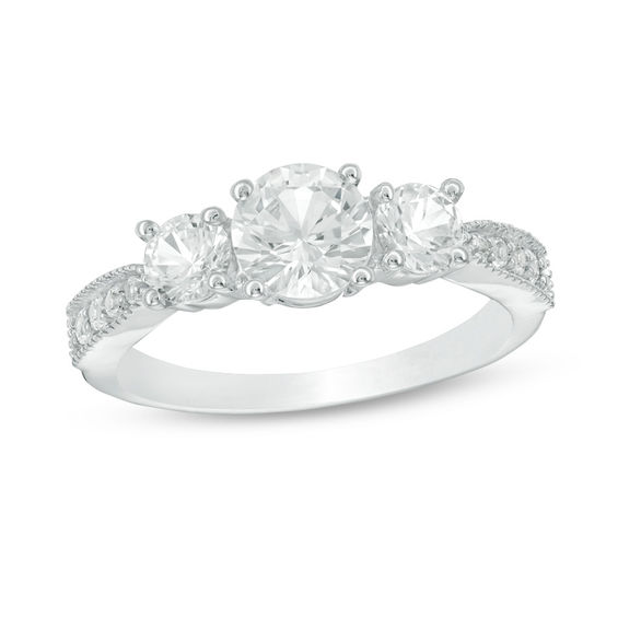 Lab-Created White Sapphire Three Stone Engagement Ring in 10K White Gold