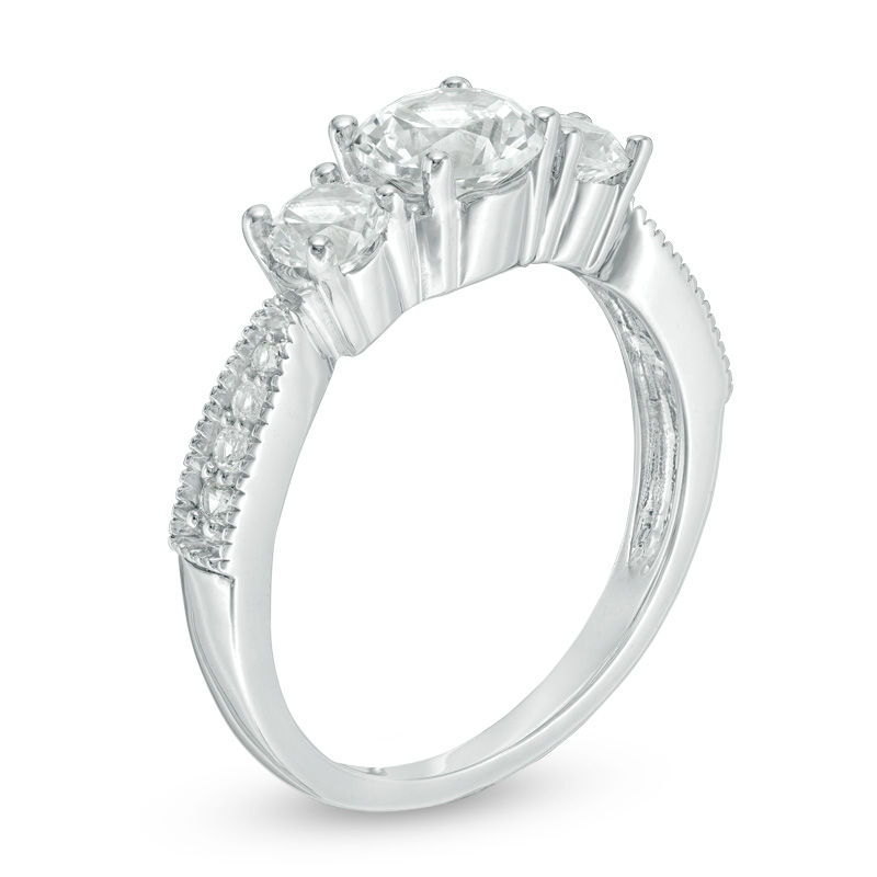 Main Image 2 of Lab-Created White Sapphire Three Stone Engagement Ring in 10K White Gold