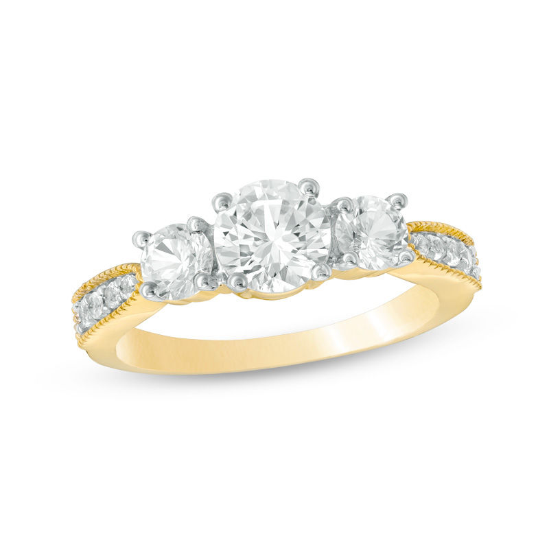 Main Image 1 of Lab-Created White Sapphire Three Stone Engagement Ring in 10K Gold