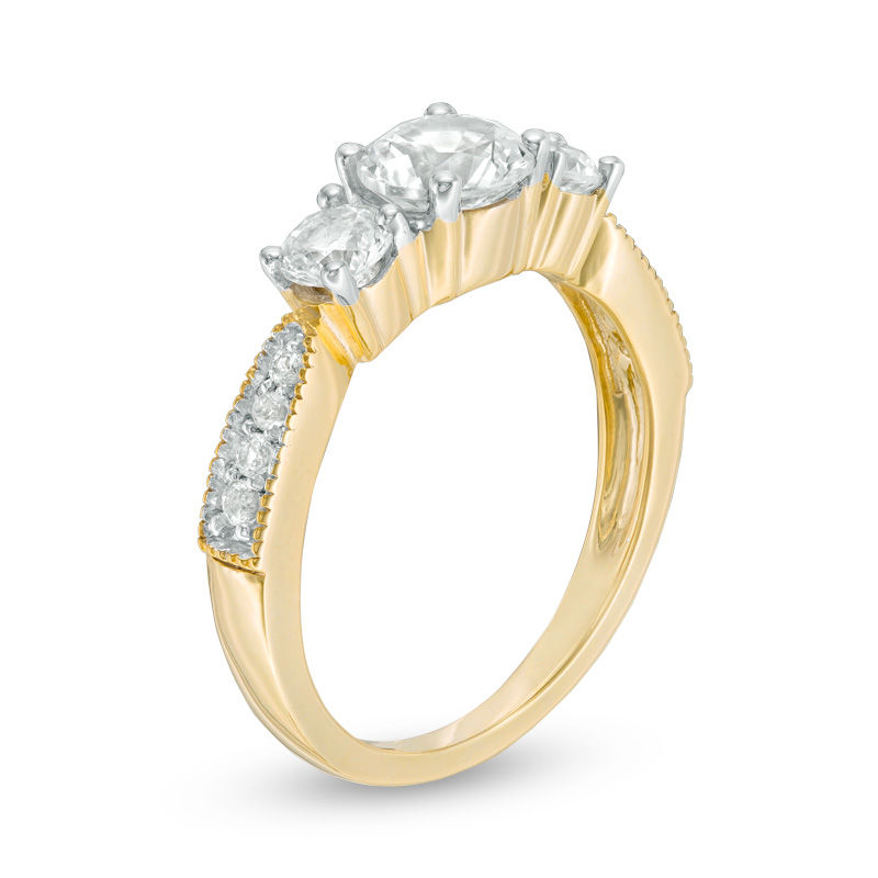Main Image 2 of Lab-Created White Sapphire Three Stone Engagement Ring in 10K Gold