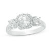 Thumbnail Image 1 of Lab-Created White Sapphire Three Stone Flower Frame Engagement Ring in 10K White Gold
