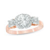 Thumbnail Image 0 of Lab-Created White Sapphire Three Stone Flower Frame Engagement Ring in 10K Rose Gold