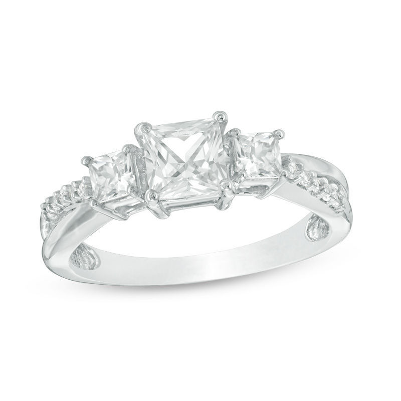 Princess-Cut Lab-Created White Sapphire Three Stone Split Shank Ring in 10K White Gold