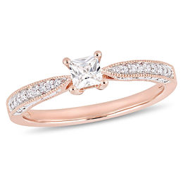 Princess-Cut Lab-Created White Sapphire and 0.05 CT. T.W. Diamond Promise Ring in Sterling Silver with Rose Rhodium