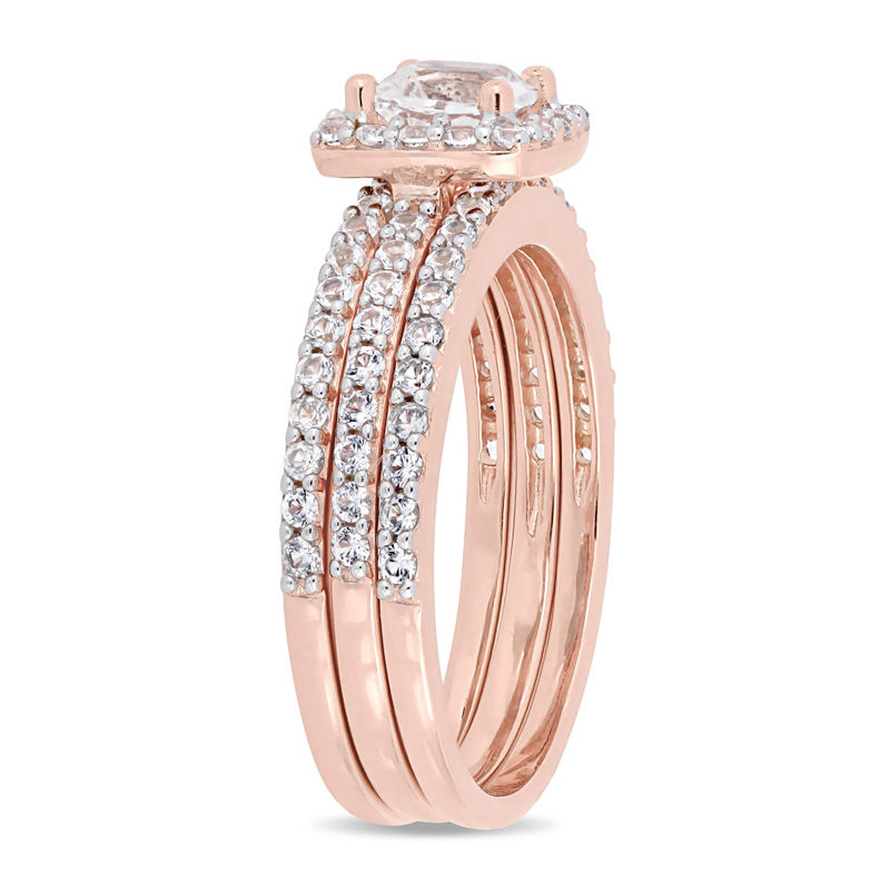 Main Image 2 of 5.0mm Cushion-Cut Lab-Created White Sapphire Frame Three Piece Bridal Set in Sterling Silver with Rose Rhodium