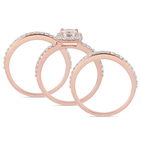 5.0mm Cushion-Cut Lab-Created White Sapphire Frame Three Piece Bridal Set in Sterling Silver with Rose Rhodium