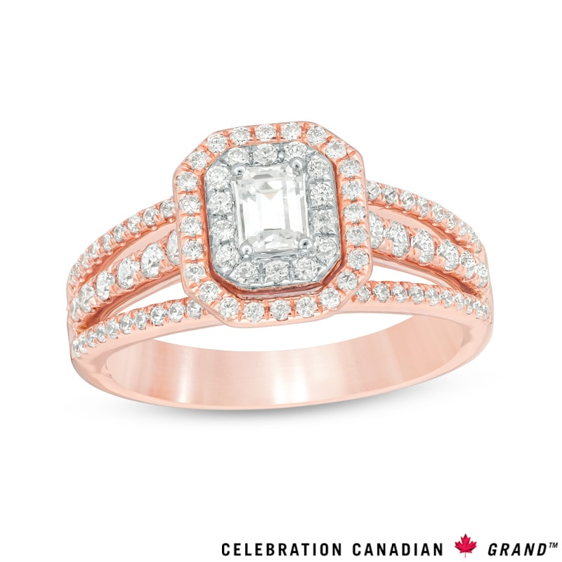 Celebration Canadian Ideal 1.00 CT. T.W. Emerald-Cut Certified Diamond Double Frame Engagement Ring 14K Two-Tone Gold (I/SI2)