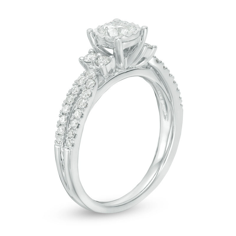 0.95 CT. T.W. Diamond Tri-Sides Double Row Engagement Ring in 14K White Gold