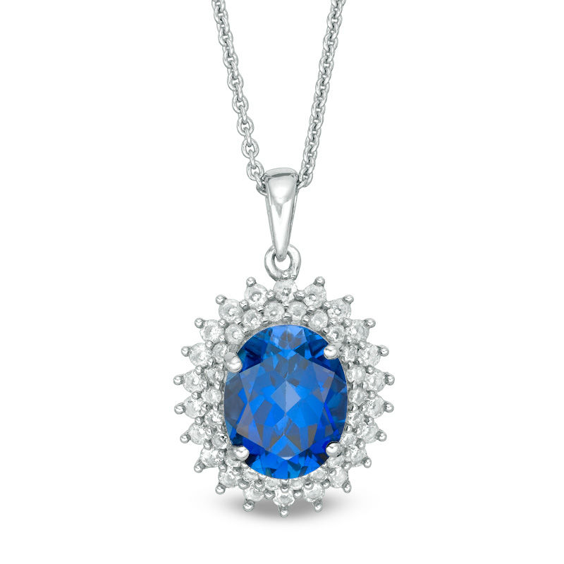 Oval Lab-Created Ceylon and White Sapphire Double Sunburst Frame Pendant in Sterling Silver