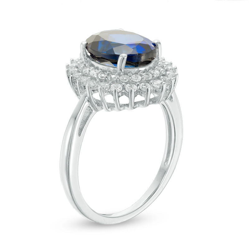 Oval Lab-Created Ceylon and White Sapphire Double Sunburst Frame Ring in Sterling Silver