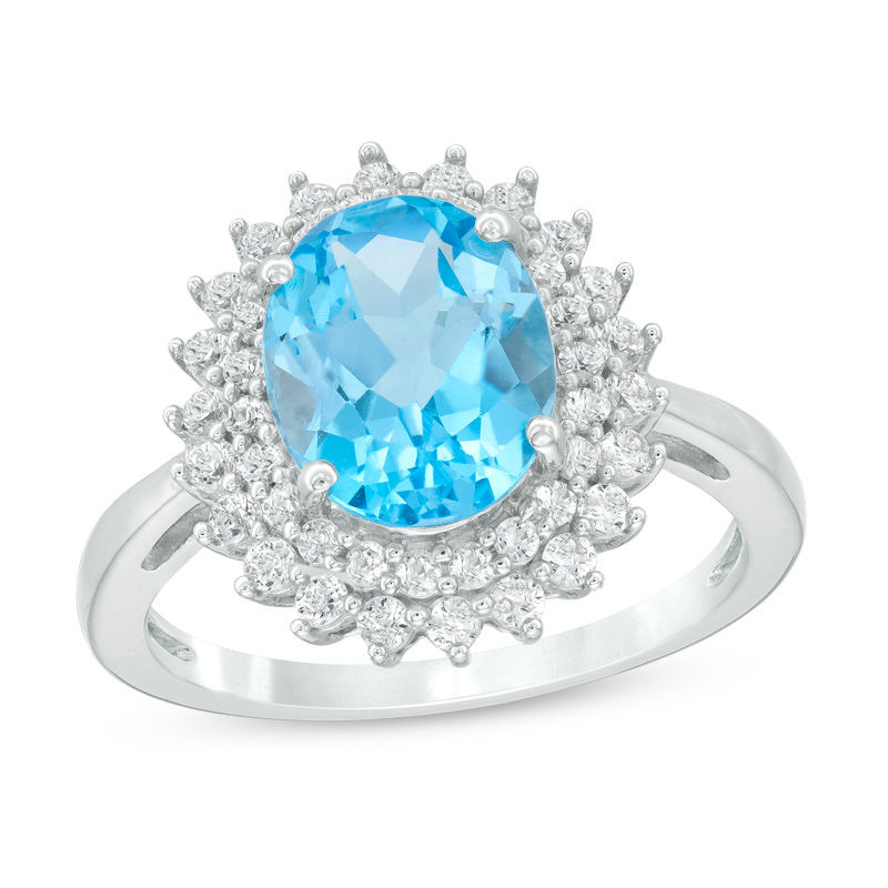 Oval Swiss Blue Topaz and Lab-Created White Sapphire Sunburst Frame Ring in Sterling Silver