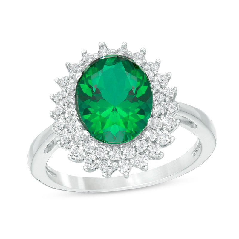 Oval Green Quartz Doublet and Lab-Created White Sapphire Sunburst Frame Ring in Sterling Silver